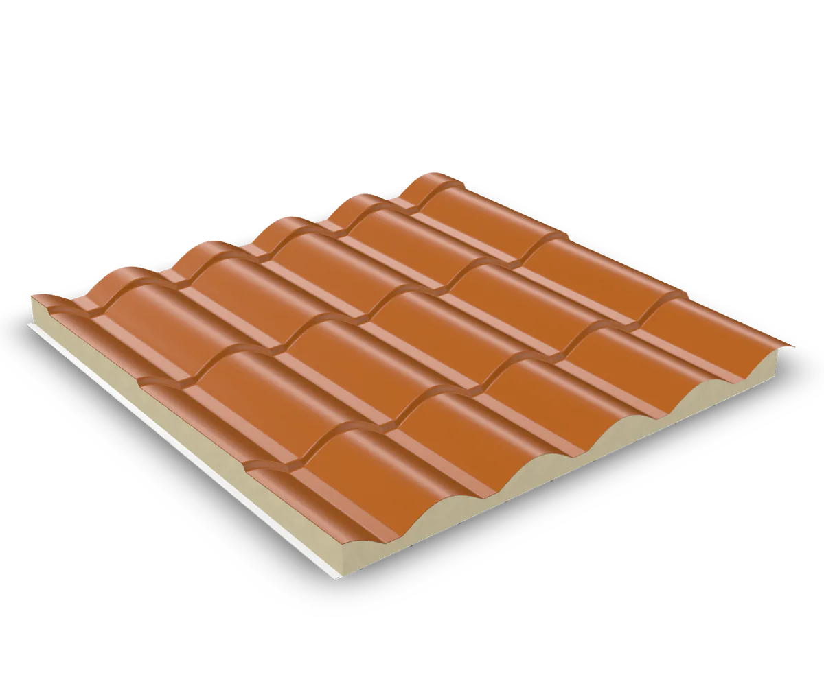Isotelha Colonial 5 Ondas Kingspan Isoeste: telha térmica sanduíche terracota com núcleo PIR e forro branco